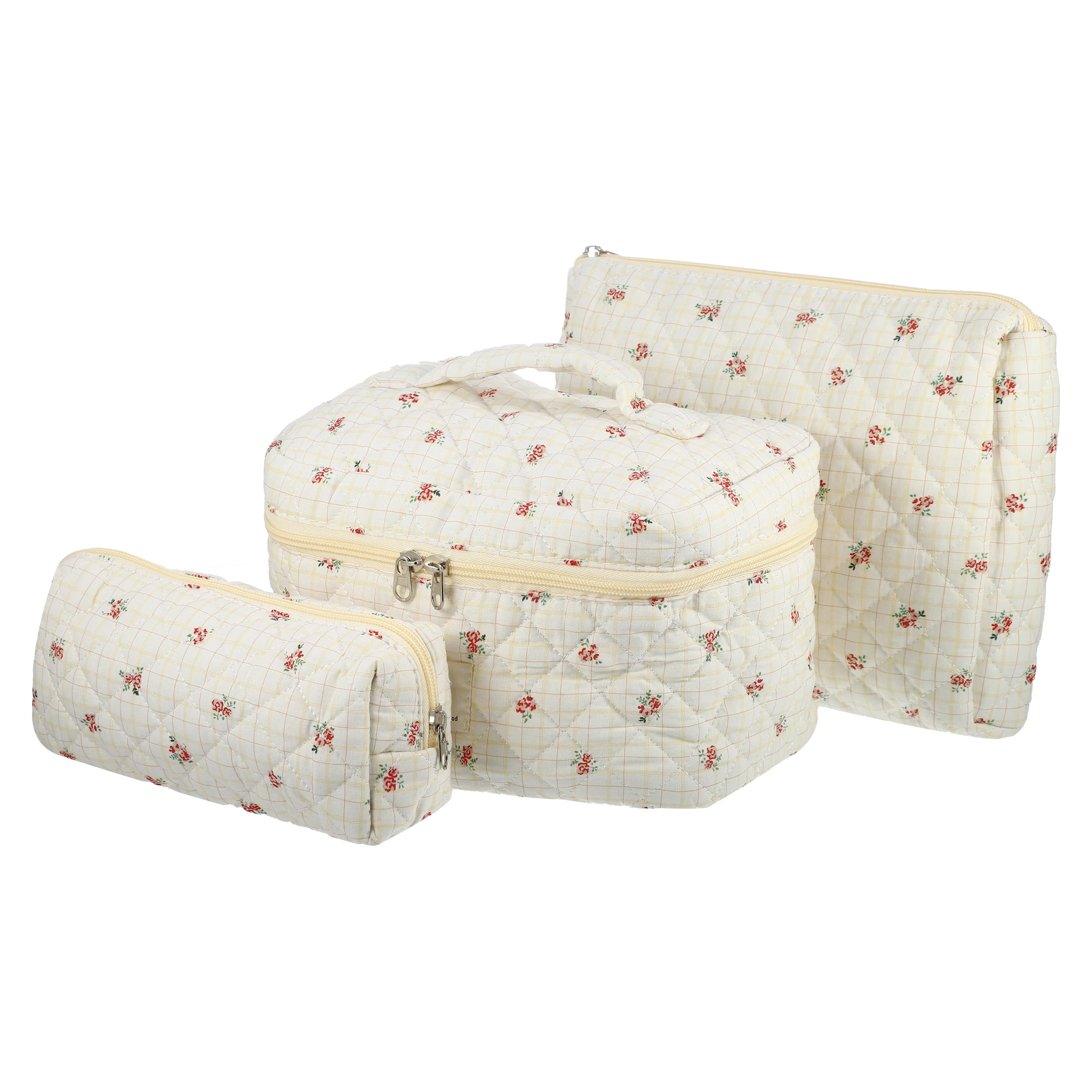 

VOCOSTE 3pcs Quilted Makeup Bags Cotton Quilted Toiletry Bag for Women Floral Makeup Bag