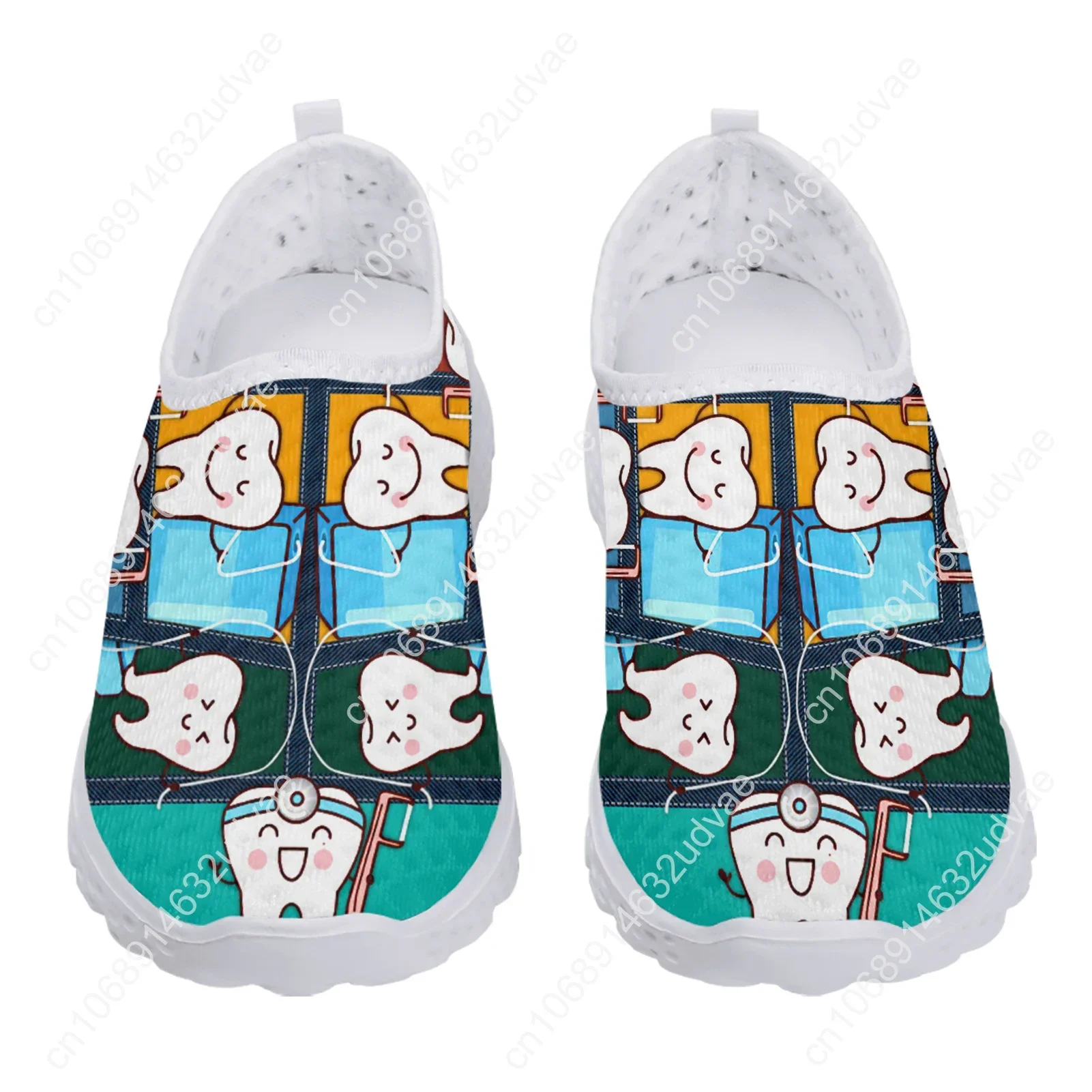 Funny Cartoon Teeth Print Women Summer Mesh Shoes White Soft Sole Brand Slip On Casual Sneakers Zapatos Planos