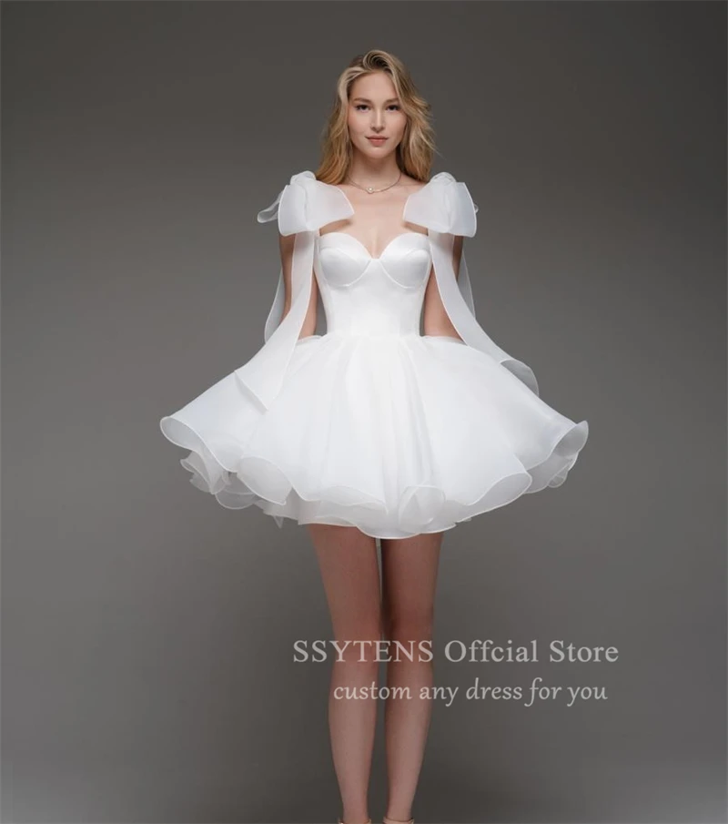 Elegant Organza Wedding Dresses Mini A-Line Bow Straps Sweetheart Bridal Gowns Girls Backless Sleeveless Bespoke Bride Dress