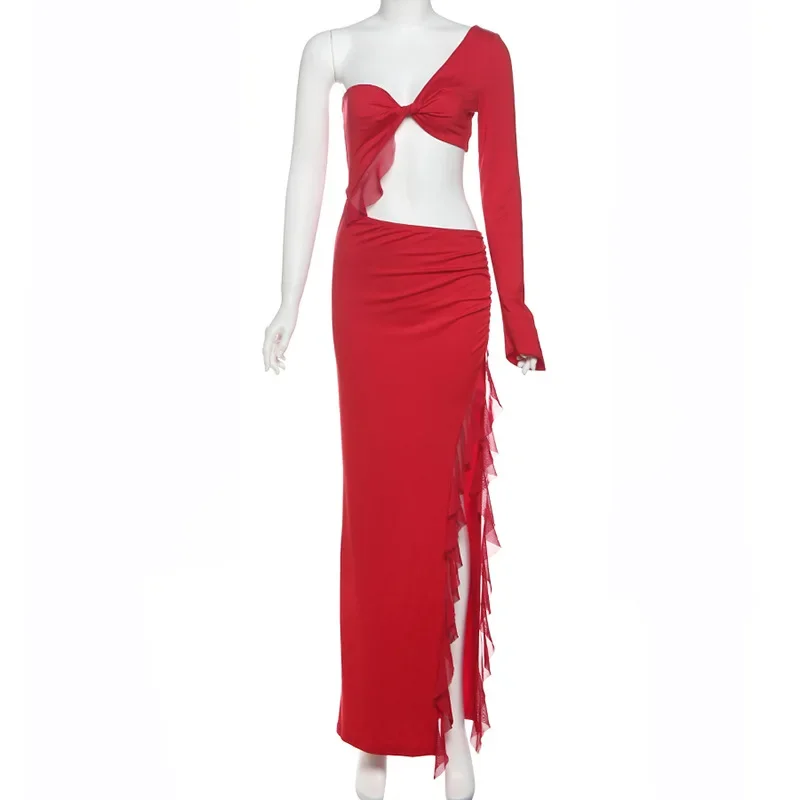 

2025 Spring Sexy Spicy Girl Lace Twist Hollow Split Maxi Dress Women One Shoulder Full Sleeve Slim Elegant Valentine Vestidos