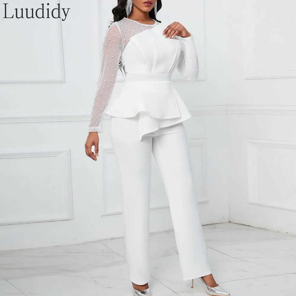 Women Casual Solid Color Round Neck Long Sleeve Beads Decor High Waist Straight Leg Jumpsuits