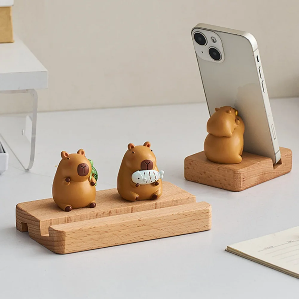 Figure Model Capybara Phone Holder PVC Doll Support Capybara Mobile Phone Stand Animal Wooden Capybara Cell Phone Bracket