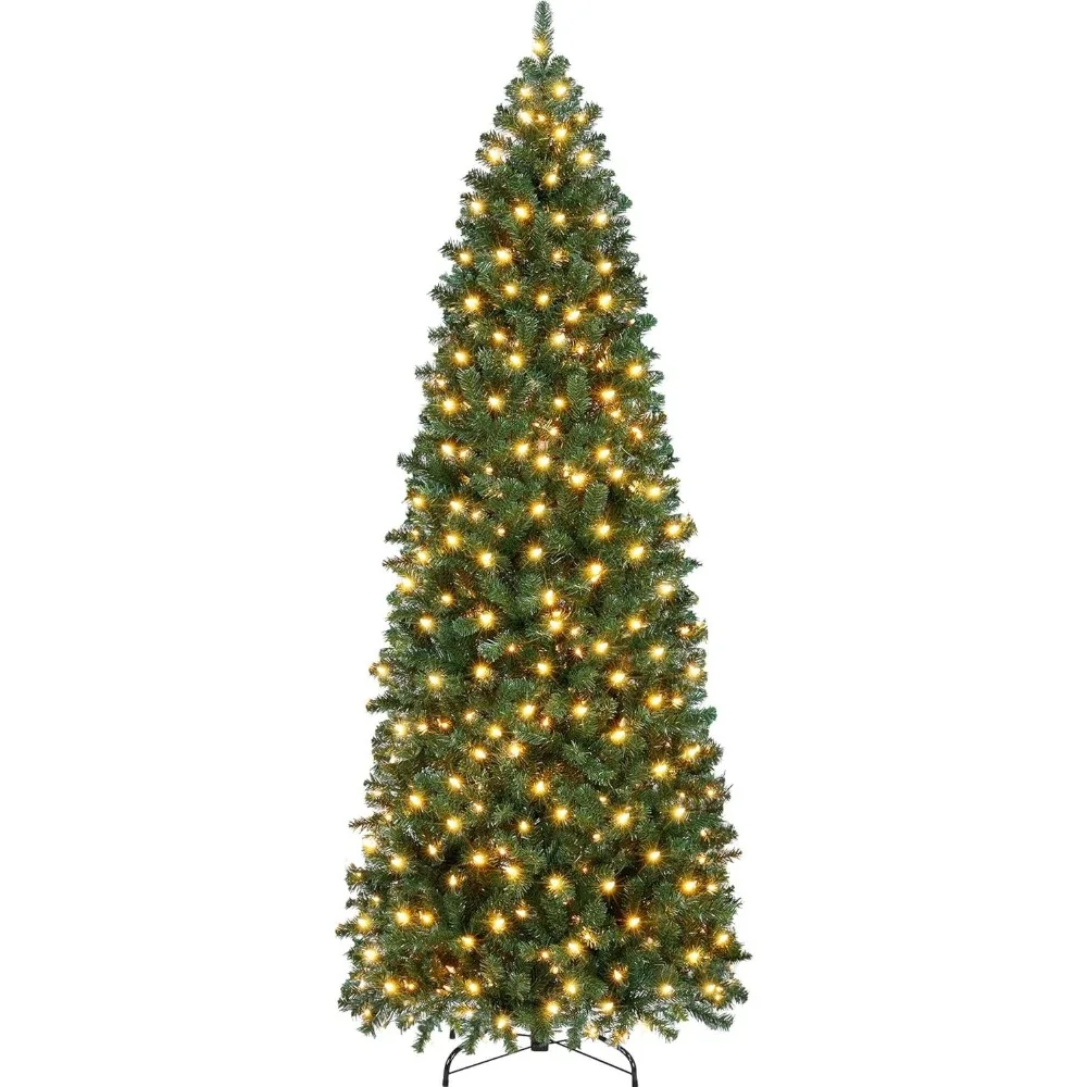 

9ft Pre-lit Artificial Christmas Tree with 500 Warm Lights Hinged Spruce Pencil with Foldable Stand Holiday Decoration