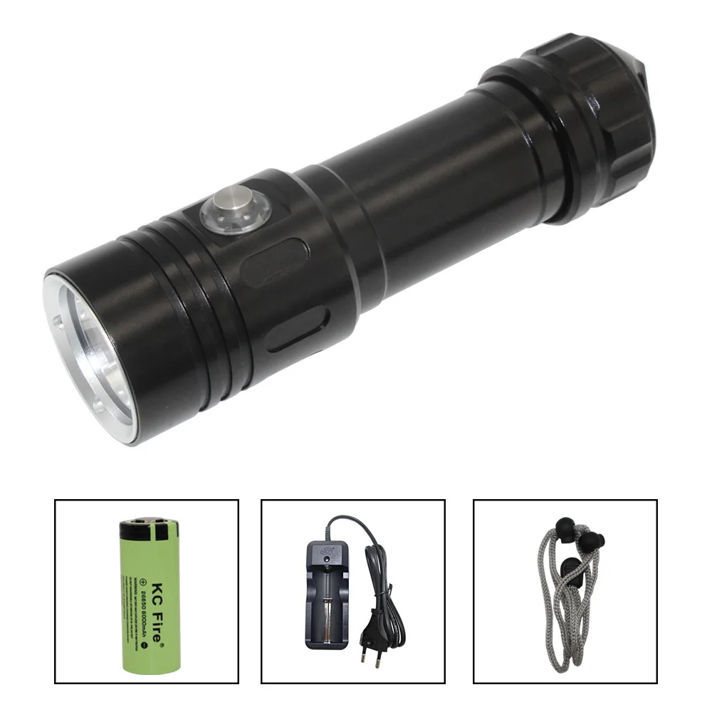 Professional Dive Flashlight with 26650 Battery Long-Range High Beam Rechargeable Water And Land Use 4-Mode Adjustable Brightnes