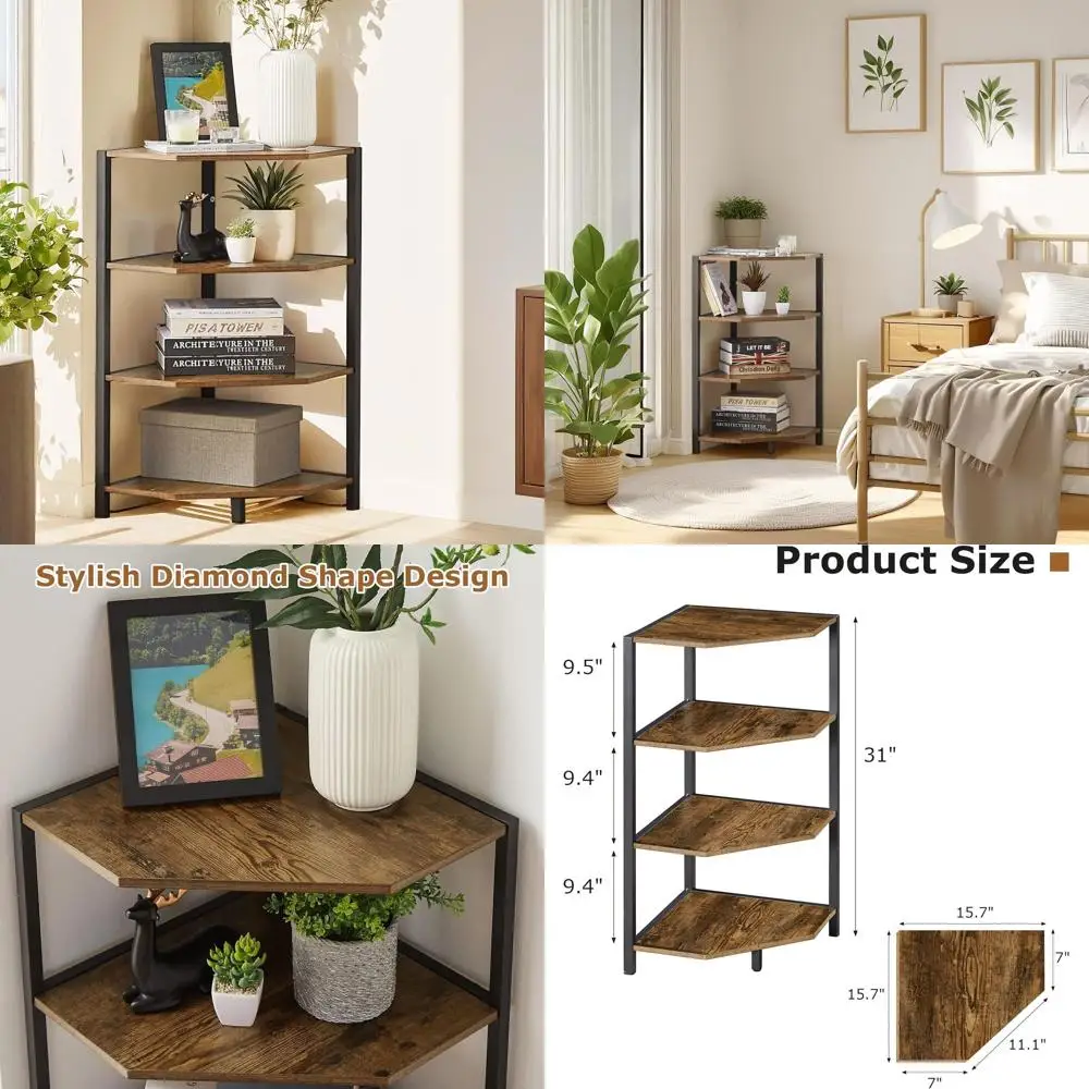 

31 Высокий 4-х уровневый органайзер для угловых полки с металлическим каркасом для дома, офиса и небольших помещений коричневого цвета