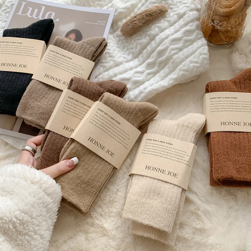 

6 Pairs Women's Wool Socks Mid-Calf Length Thick Winter Cashmere Japanese Style Solid Color Simple Warm Thermal Socks for Women