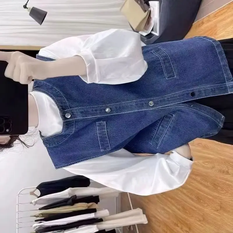 

Джинсовый жилет, женская весенне-осенняя модная куртка с круглым вырезом, свободный ретро-стиль, универсальный ковбойский жилет без рукавов, женские топы