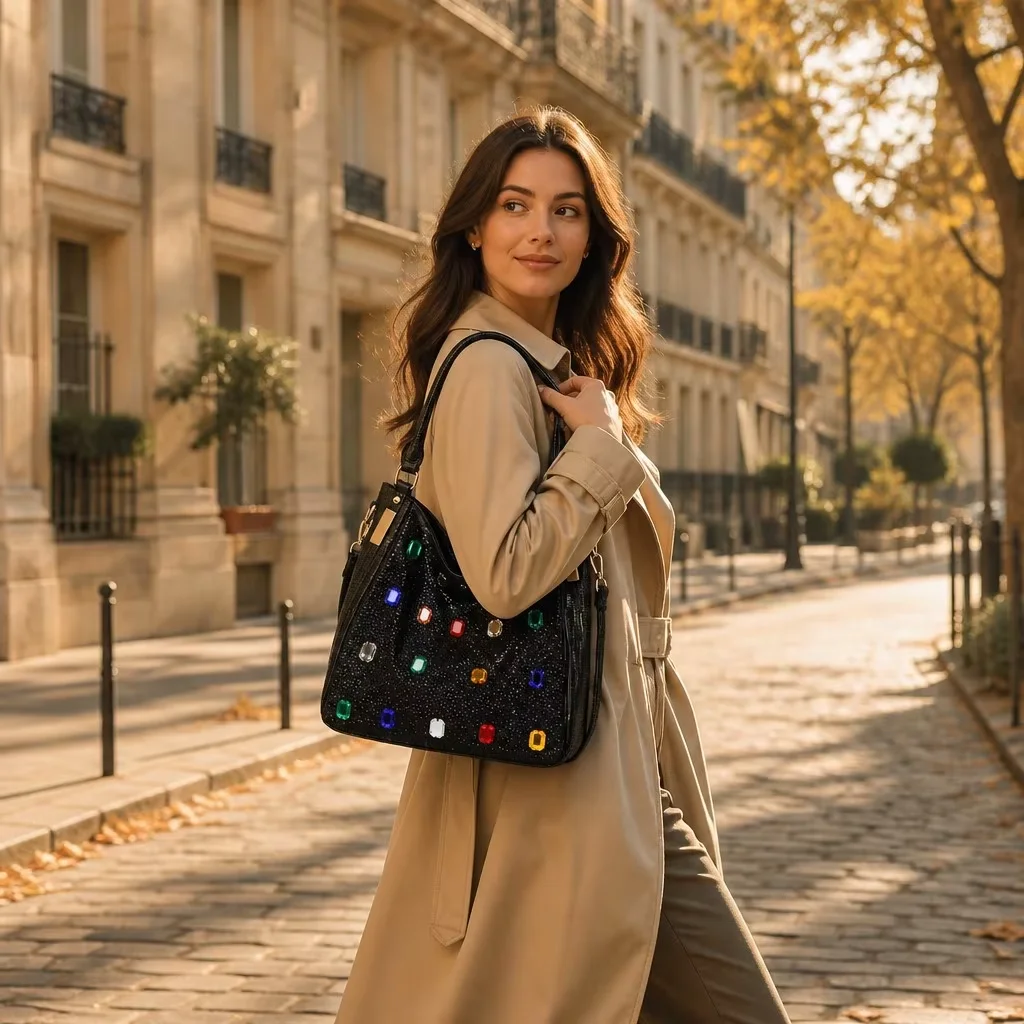 Y2K Sparkly Rhinestone Hobo Bag Colorful Crystal Shoulder Bag for Women Luxury Jewel Underarm Purse Festive Party Clutch