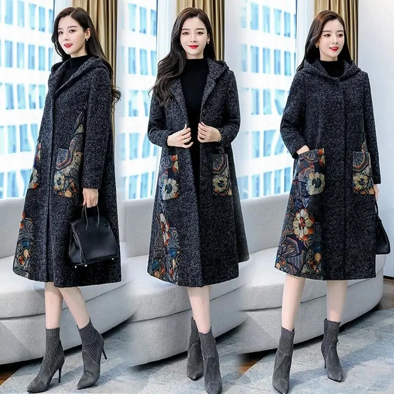 

Woolen Coat Women 2022 Winter New National Style Fashion Loose Thick Woolen Jacket Female Large Size Long Hooded Print Outerwear