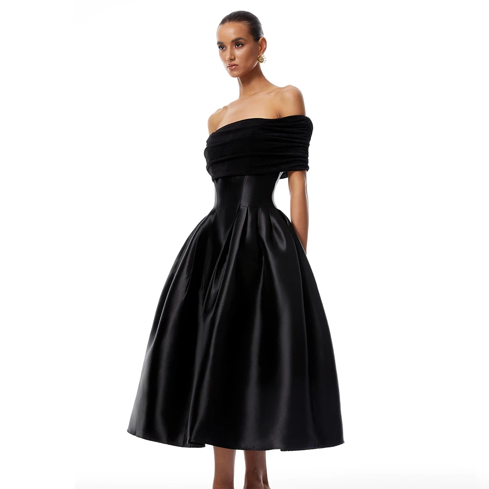 

Customized Midi Cocktail Dress Tea Length Off the Shoulder A Line Satin Cocktail Gowns for Women 2026 Pleated Modern Party Dress