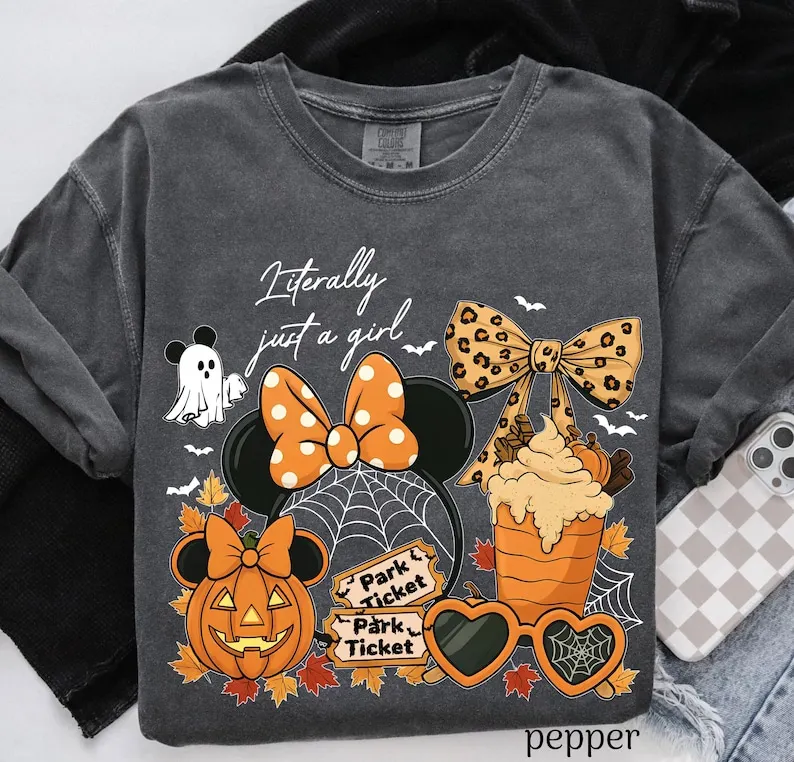 

Literally Just A Girl Halloween Shirt Girl's Trip Minnie Bow Coffee Tee Halloween 2025 Trip Shirts