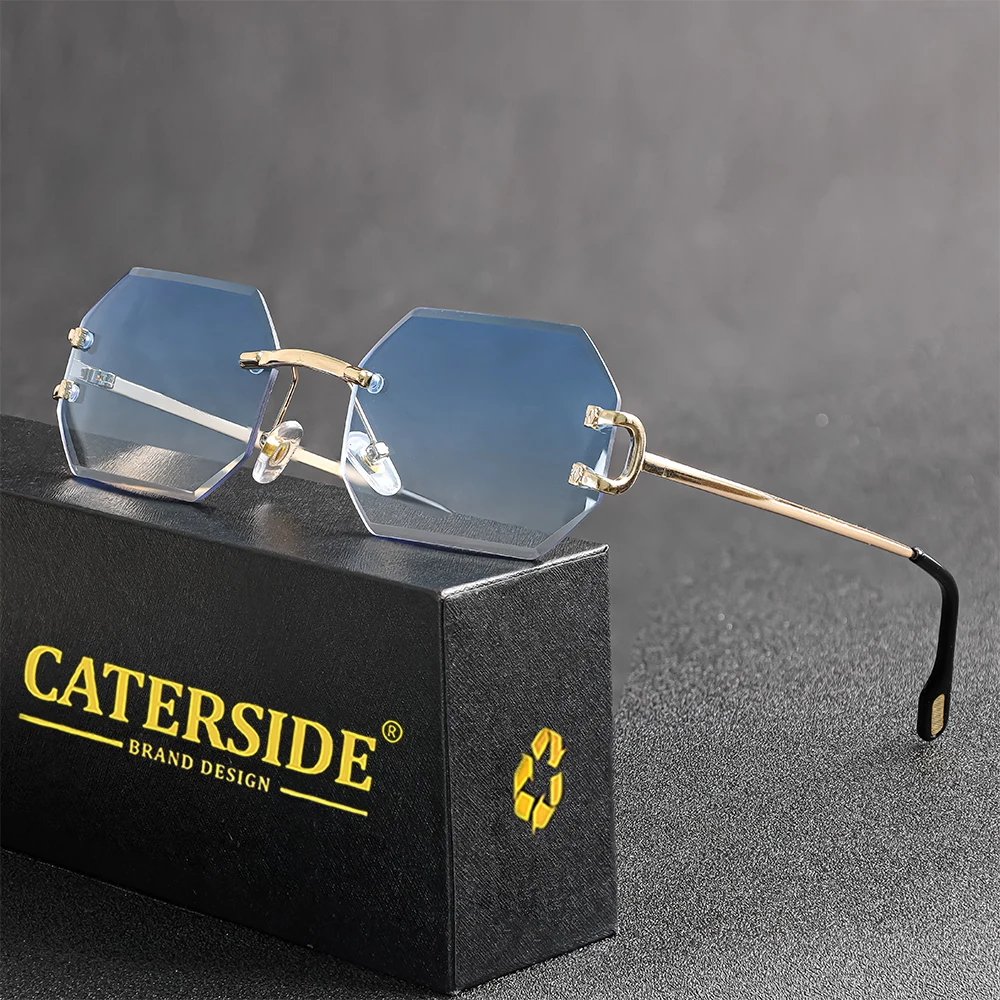 CATERSIDE Fashion Polygon Sunglasses Men Rimless Vintage Shades Gradient UV400 Sun Glasses Women Traveling  Party Festival 2024