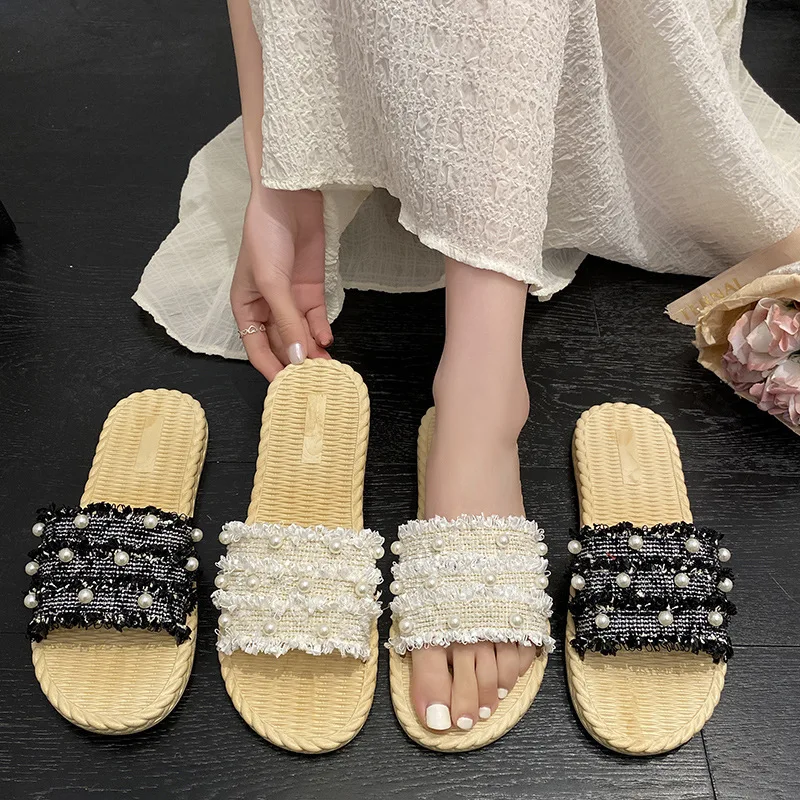 

Летние женские тапочки на плоской подошве с красным жемчугом, модная нескользящая домашняя пляжная обувь, верхняя одежда