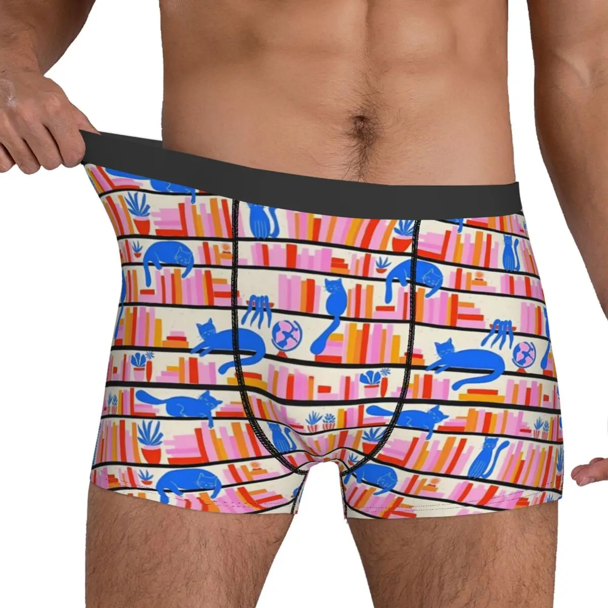 Library Cats Underwear Blue Cats Males Panties Design Elastic Trunk Hot Shorts Briefs Plus Size