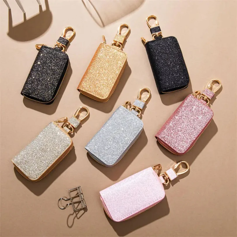 Shiny Pu Key Bag Zipper Key Holder Organizer Car Keychain Wallet Fashion Simple Key Cover