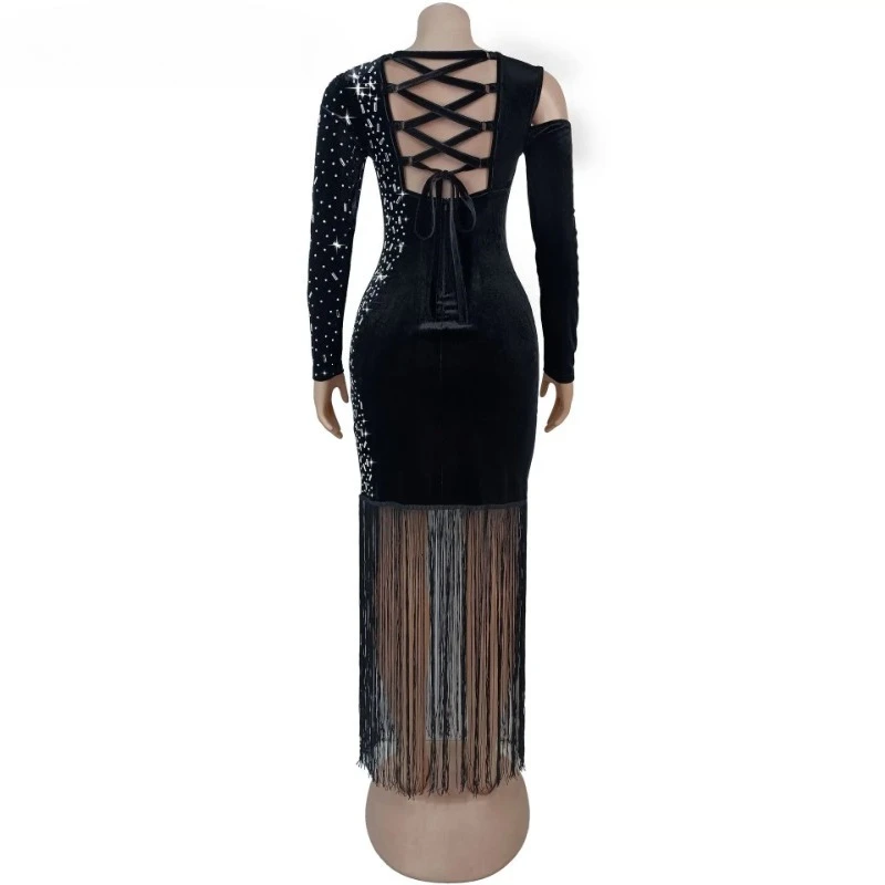 

Women Velvet Cutout Shoulder Long Sleeve Diamonds Rhinestone Tassel Bodycon Midi Maxi Long Dress Birthday Party Dresses 2025 New