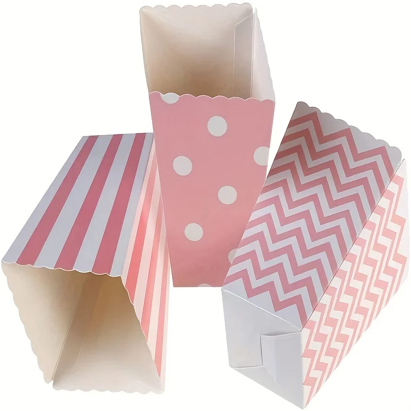 12pcs/pack, Pink Paper Popcorn Boxes, Striped Polka Dot Candy Box For Party Favor Great For Home Movie Theater Carnival view 2