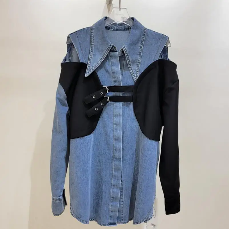 

Hollow out design denim patchwork shirt for women 2023 new autumn loose fashion top female blouse Y4234