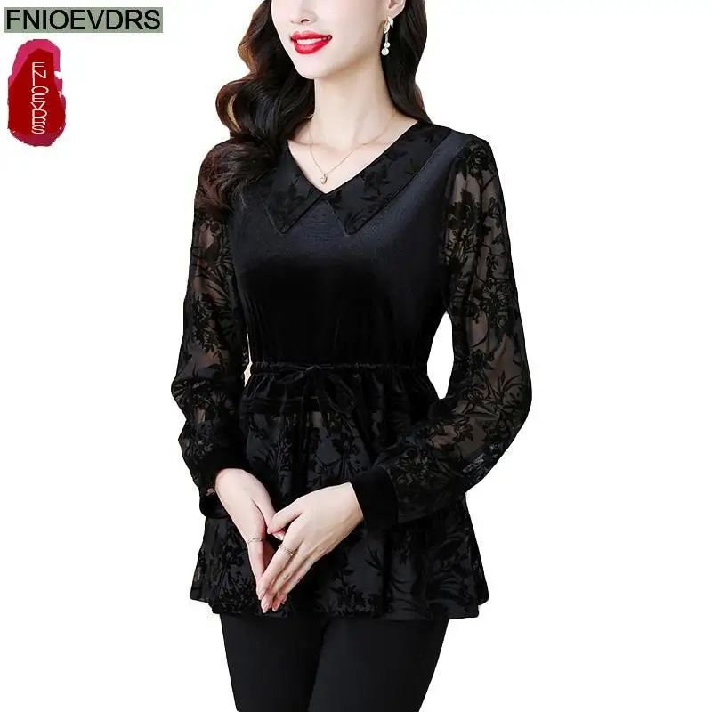 Black Lace Velvet Top Basic Wear Women Autumn Winter Elegant Office Lady Ruffles Shirring Shirts Retro Vintage Peplum Top Blouse