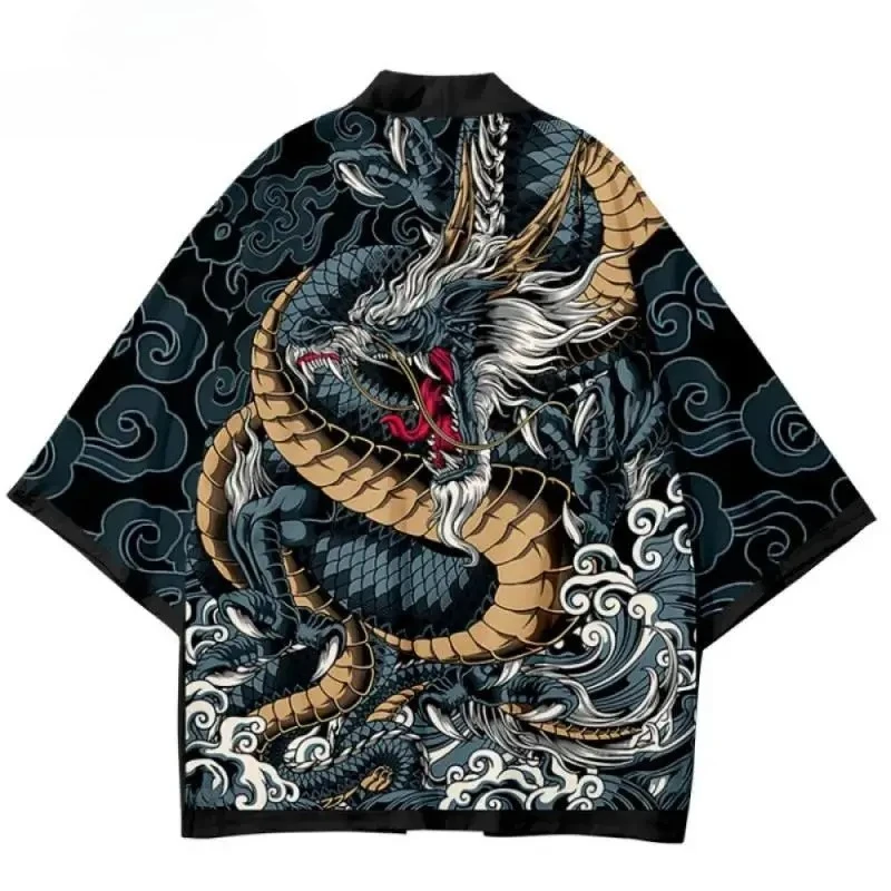 شيطان الأفعى التنين نمط مطبوعة كيمونو سترة الصينية اليابانية الساموراي معطف كيب الصيف تأثيري عباءة الآسيوية التقليدية