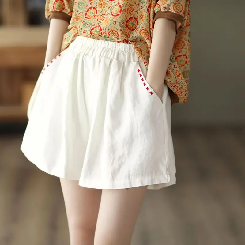 Women Summer Simplicity Loose Elegant Cotton and Linen Solid Color High Waist Wide Leg Ladies Casual All-match Trend Shorts