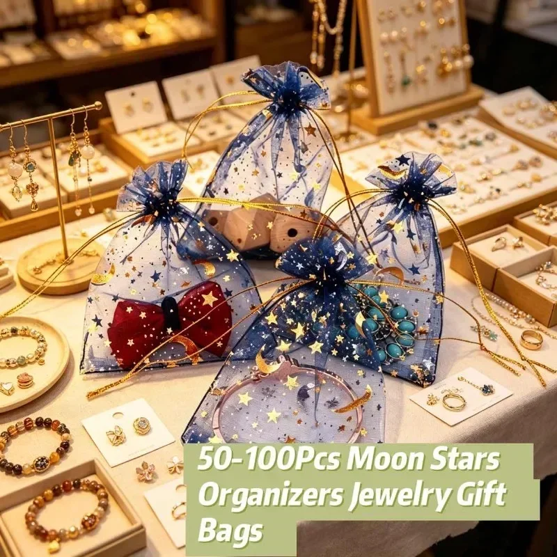 50/100/pcs Gold Moon Star Organza Jewelry Gift Bags Wedding Christmas Party Favors Drawstring Decorative Packaging