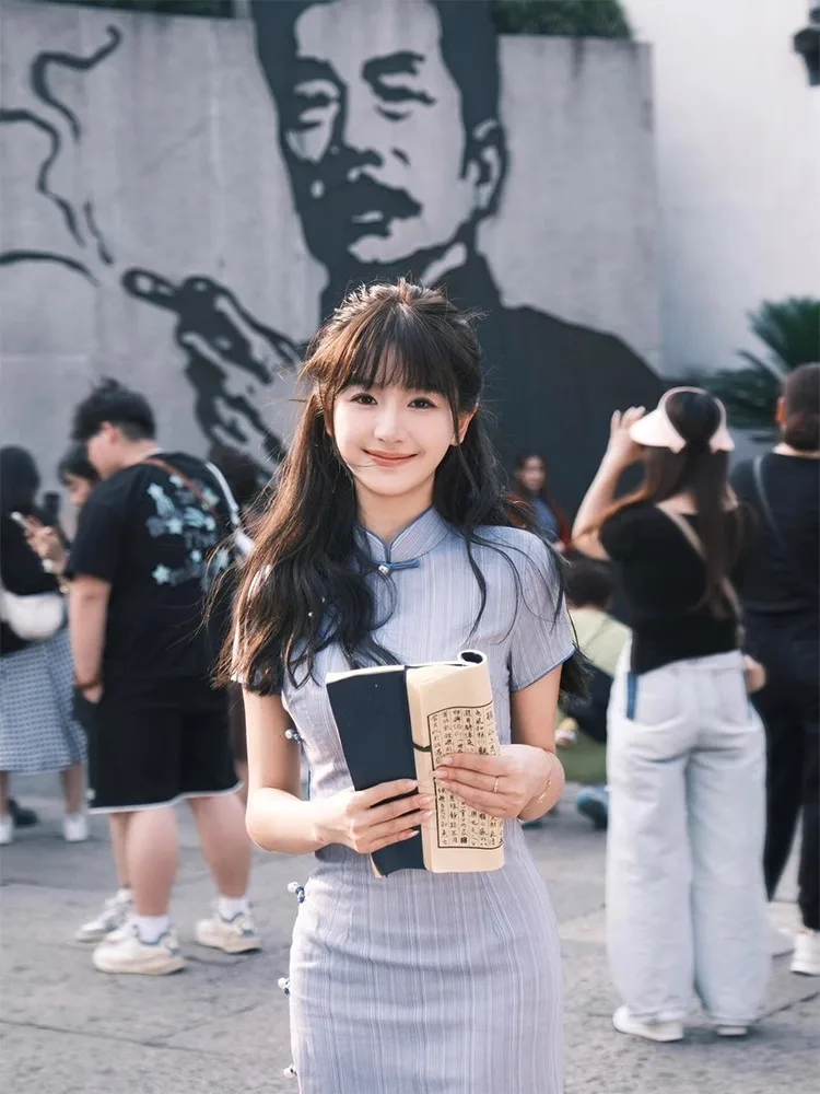 

Женское летнее платье в стиле ретро с китайскими пуговицами, повседневное, с низким разрезом, коротким рукавом и полосатым узором