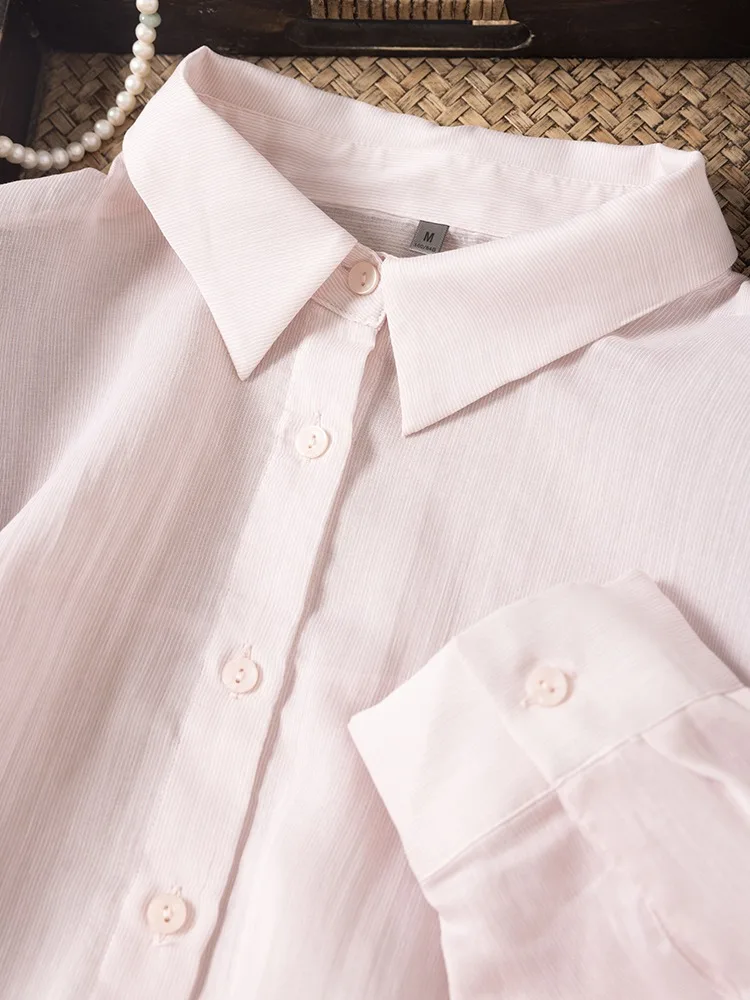 2026 Primavera da donna New Pink Stripe Fashion Skin Friendly 72.8% Seta di gelso naturale Camicia a maniche lunghe versatile in cotone 27,2%