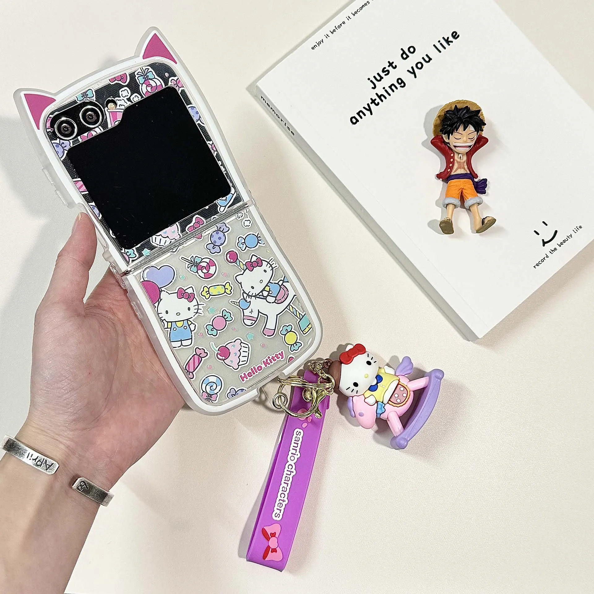 Cute Sanrios Trojans Hello Kitty Cinnamoroll 3D Cat Ear pendant Phone Case for Samsung Galaxy Z Flip 3 4 5 6 5G PC Hard Cover