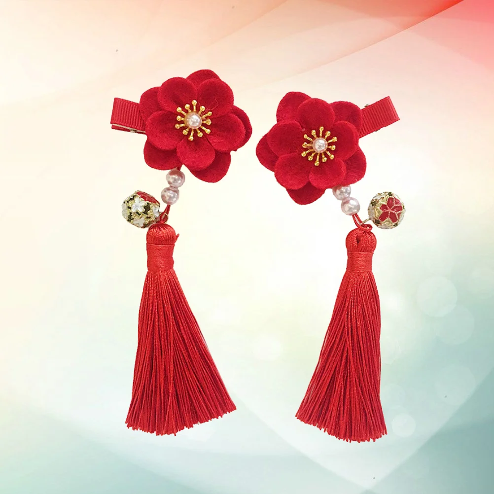 

2pcs Chinese Style Flower Hair Pin Tassel Hair Clip For Kids Girls New Year Hanfu Accessory Red Hairpin Daily Use