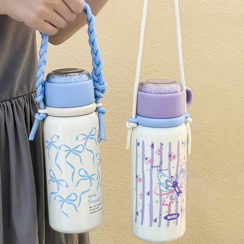 

620ml Cartoon Insulated Stainless Steel Water Bottle with Straw Dual Lid Portable Aesthetic Office Gift for Couples