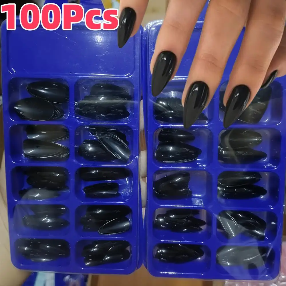 100/120Pcs Black Almond Fake Nails Full Cover Mid-length Press On Nail Detachable False Nail Tips for Women Festival Daily Wear