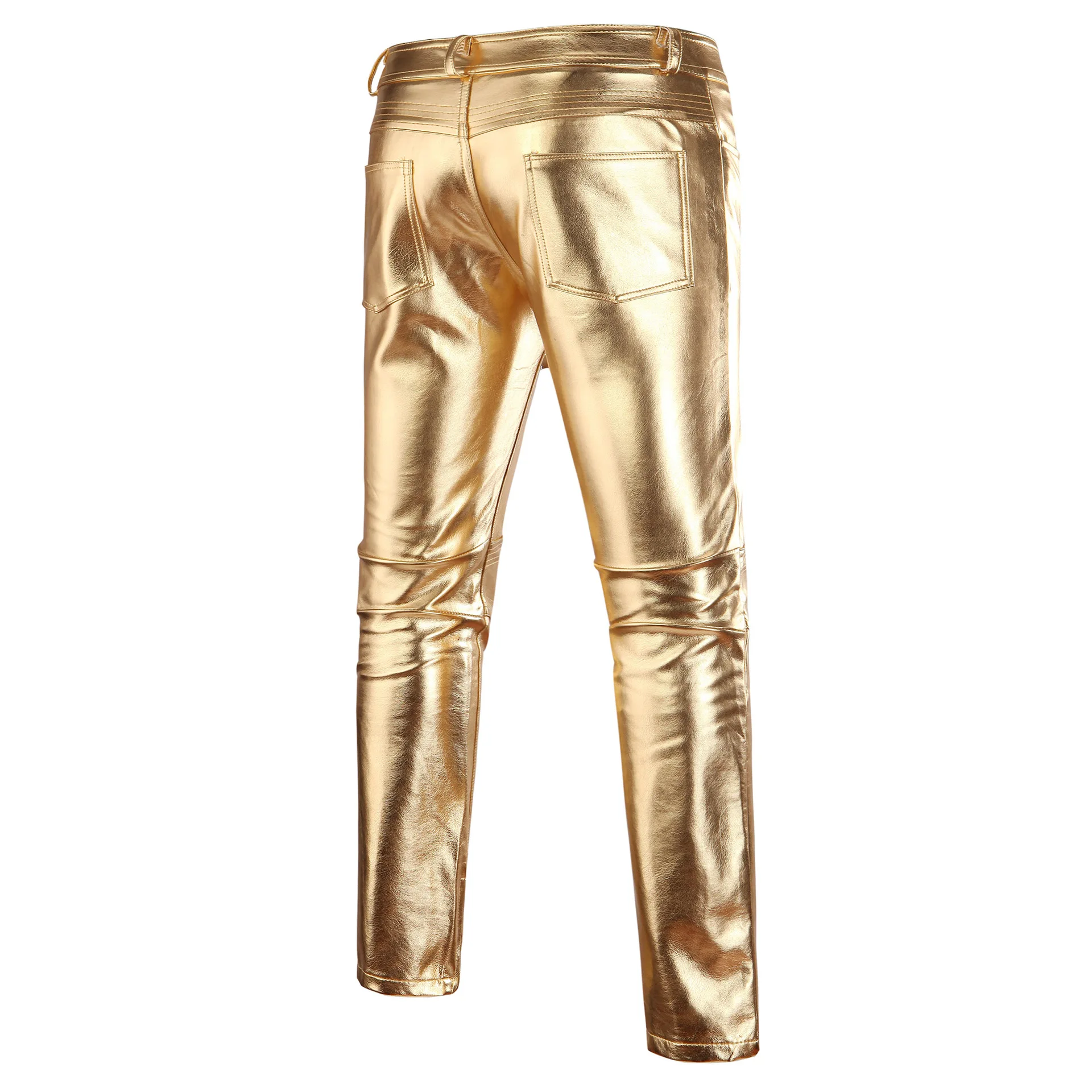 2023 Men's slim fitting party performance gold imitation leather trousers Men's nightclub stage trousers Dancer casual pants