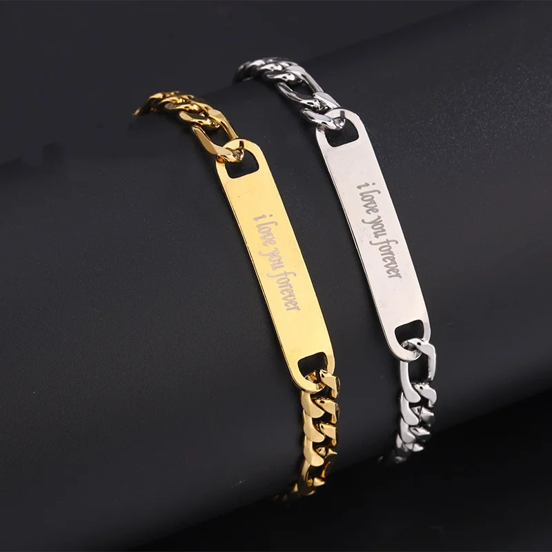 Personalized Vacuum Plated Titanium Dteel DIY Engraved Bracelet Cuban Chain Text Date Coordinates Customized Birthday Gift