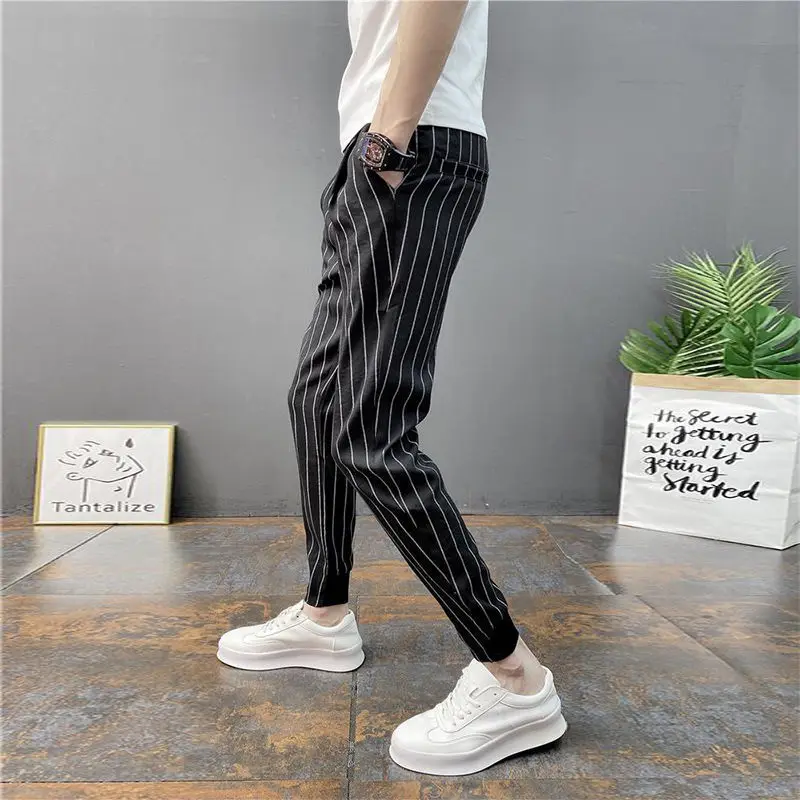 Spring Summer New Striped Contrast Color Pencil Pants Man High Street Casual Elastic Waist Fashion Pockets Patchwork Trousers