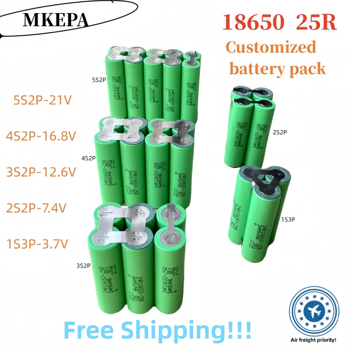 18650 25R lithium battery pack, 1S3P-3.7V, 2S2P-7.4V, 3S2P-12.6V, 4S2P-16.8V, 5S2P-21V. Suitable for screwdrivers, etc