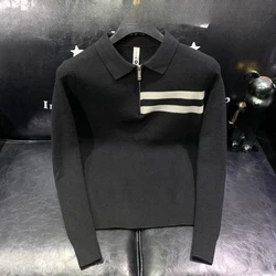 Men's Clothing Lantern Long Sleeve Pullover Turn-down Collar Zipper Sweater Knitted Autumn Winter Contrast Color Vintage Tops