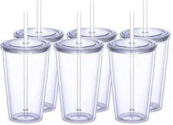 6/4/2pcs Transparent Double-layer Water Bottle Coffee Milk DIY Smoothie Cup Drinkware Reusable Clear Tumbler Cup With Straw Lid