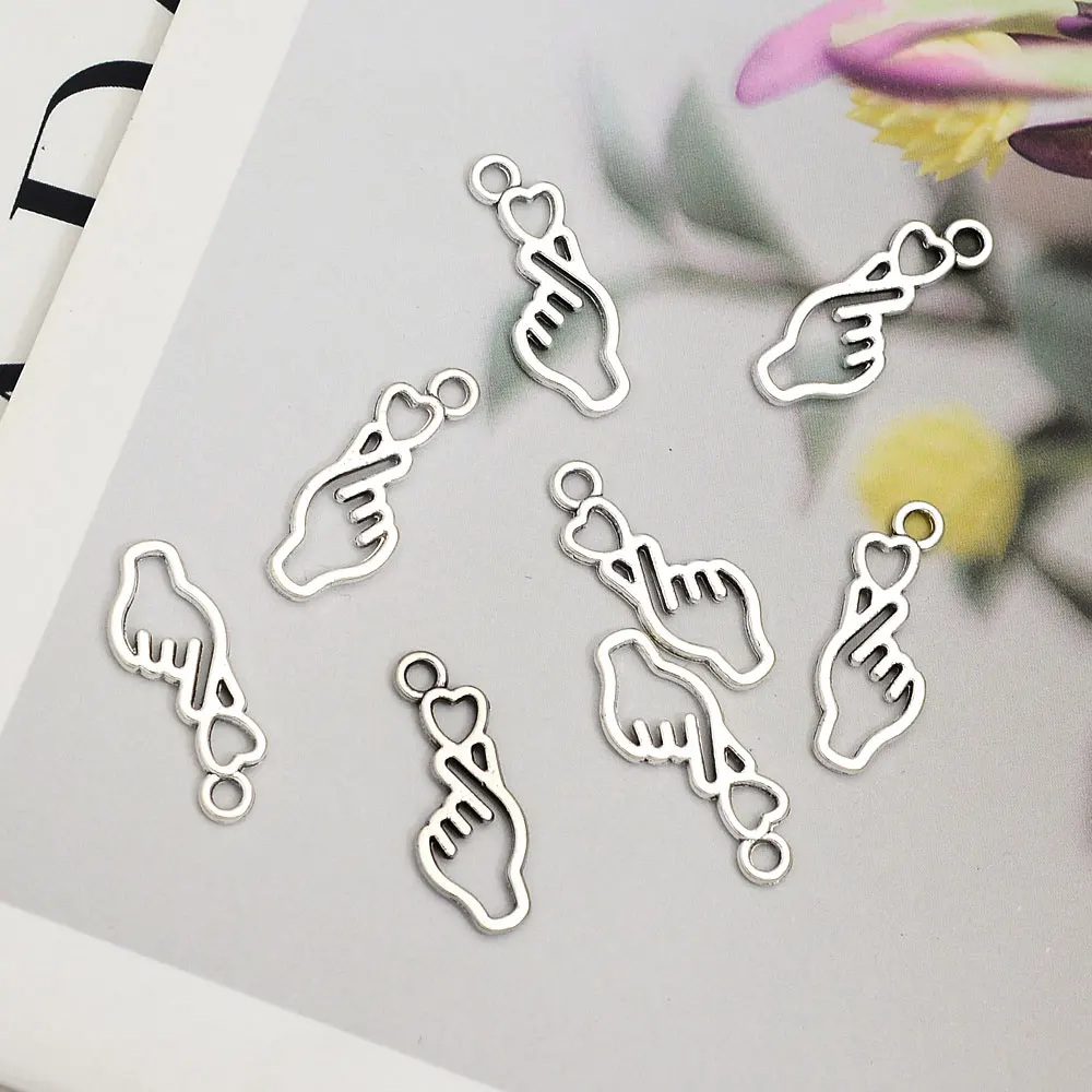 20pcs/Lots 8x22mm Antique Metal Hand Heart Love You Charms Cute Korean Craft Pendant For DIY Jewelry Making Supplies Accessories