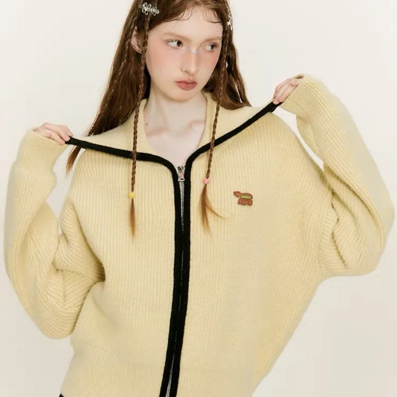 الخريف والشتاء طويلة الأكمام المتناقضة اللون التلبيب سستة سترة محبوكة سترة المرأة معطف أعلى #3