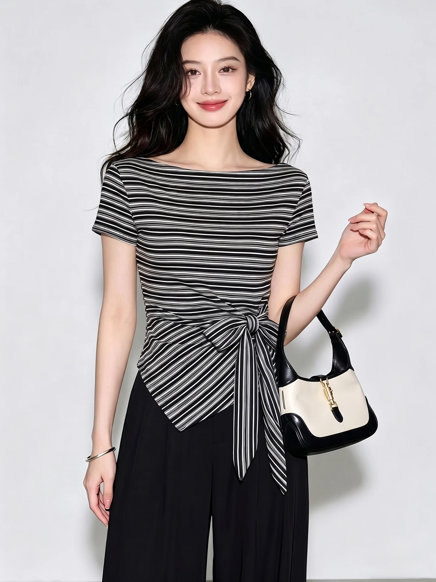 Summer New  Knot T-Shirt Design Sense Stripe Short Sleeve Sun Protection Top Unique Elegant Striped  Bowtie...