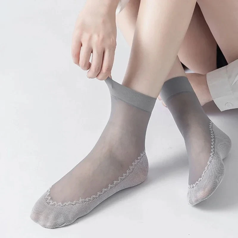 5/10 Paar Frauen transparente ultra dünne weibliche Mesh Bottom Splice Socken hochwertige Seide Samt Knöchel kurze elastische Spitze Socken