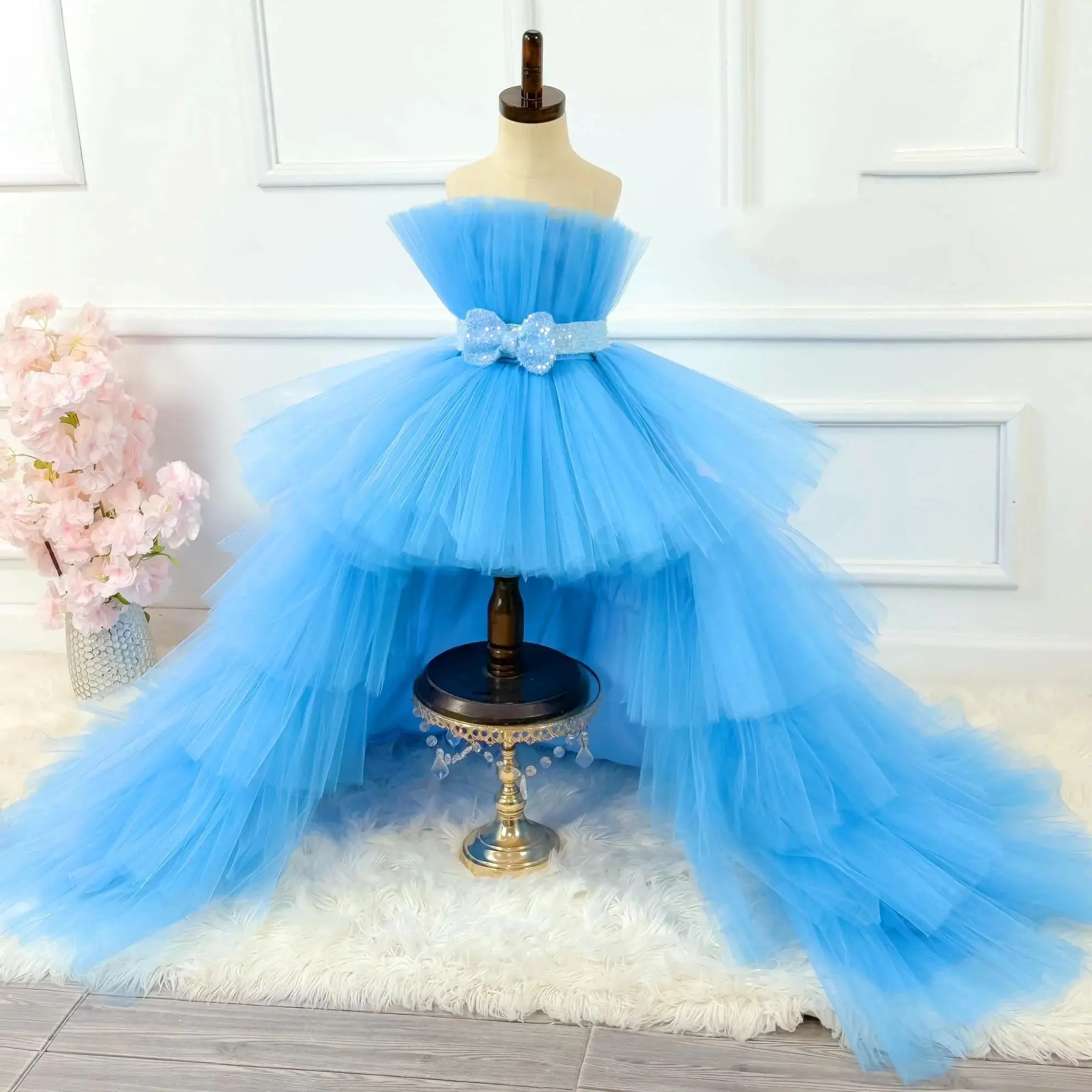 

Light Sky Blue Flower Girl Dress High Low Ruffles Puffy Kids Wedding Dress Sleeveless Girl Dress Birthday Dress for Princess