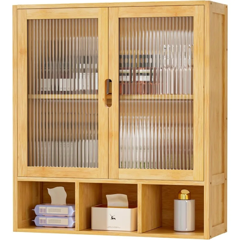 

Bathroom Wall Cabinet with 2 Frosted Door,Bamboo Medicine Organizer with Open Compartment,Over The Toilet Storage Shelf