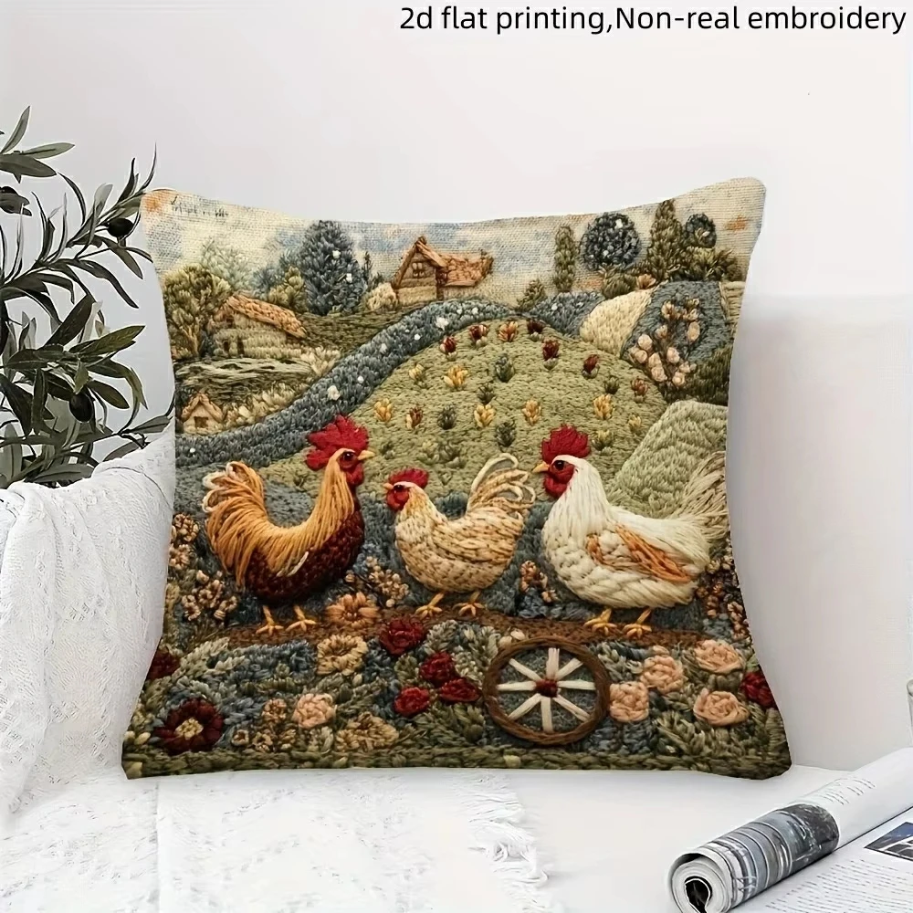 

Farmyard Charm: 2D Flat-Printed Pillow with Stylish Chickens and Scenic Design Sofa cushion cover, home decoration, 2D printing