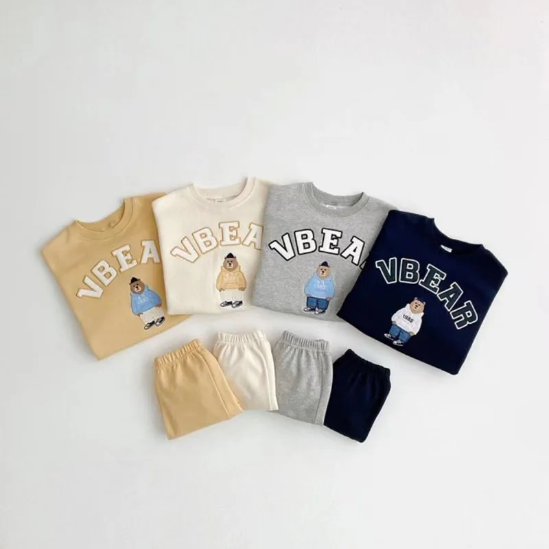 2025 Autumn New Baby Bear Print Clothes Set Kids Boys Long Sleeve Cartoon Sweatshirt + Solid Trousers Casual Children 2pcs Suit