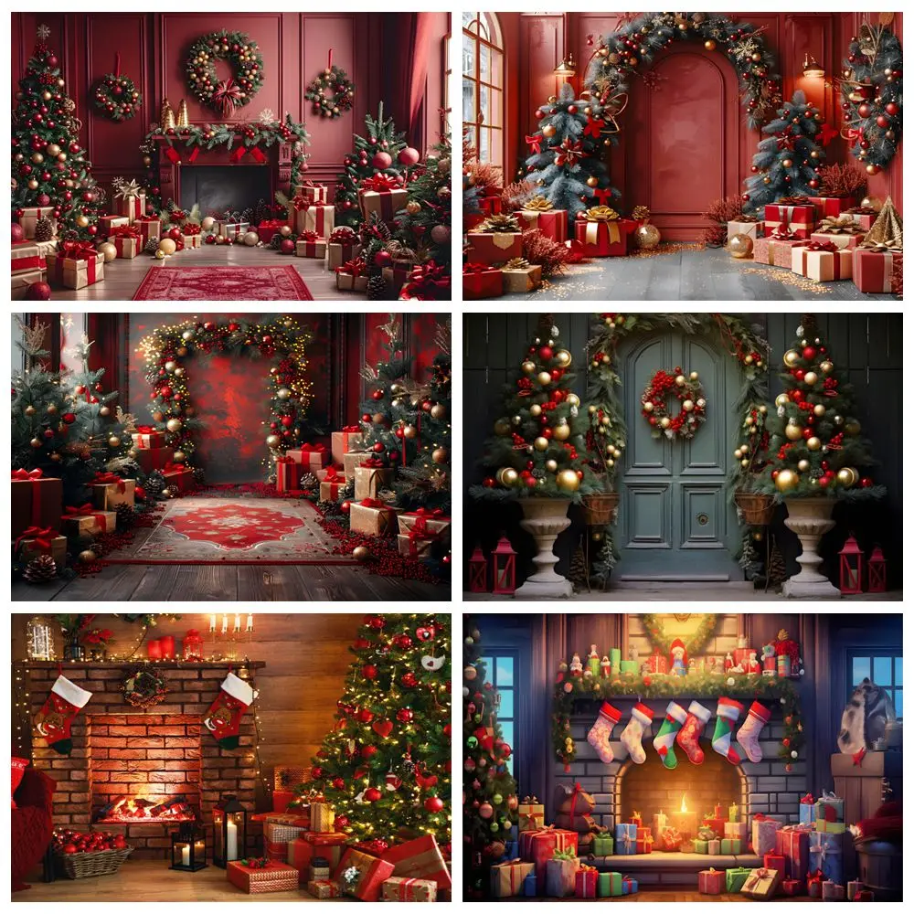 

Christmas Interior Scene Backdrop Fireplace Xmas Tree Gifts Vintage Room Wall Kids Portrait Photography Background Decor Banner