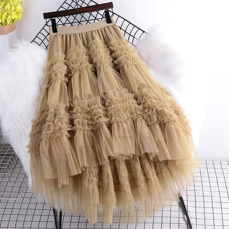 

Fashion Ruffles Irregular Hem Mesh Stitching Skirt A-line Ball Grown Cake Tie Tulle Skirts