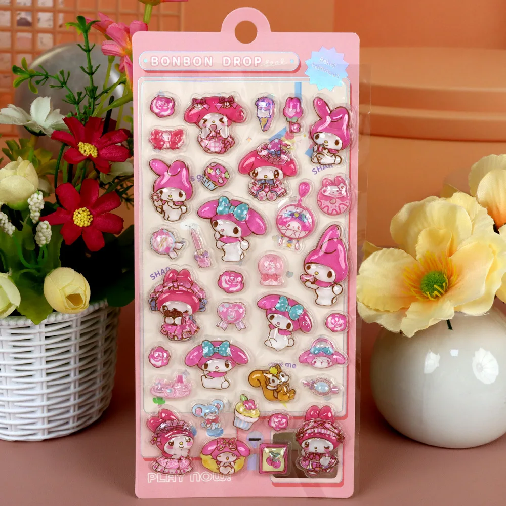 새로운 귀여운 만화 산리오 3D 입체 스티커 예쁜 카와이 쿠로미 마이멜로디 시나몬 애니메이션 데칼 크리스탈 장식 스티커