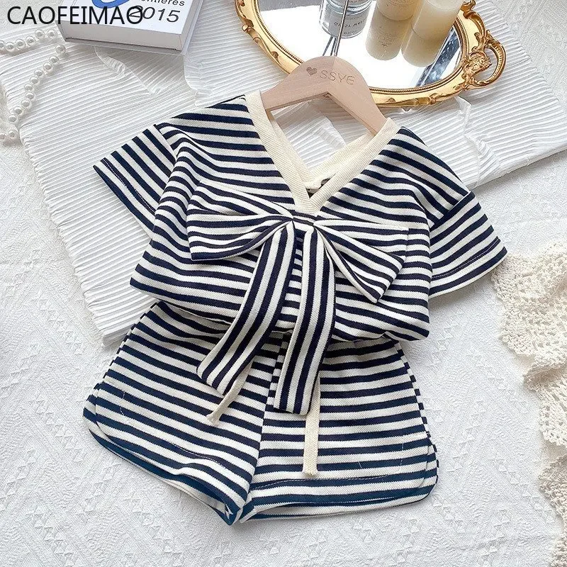 2025 Girl Clothes Set Striped Fashion Outfits Clothing Set Bowknot V-neck Shirt and Shorts Children Sets Toddler Girl Clothes